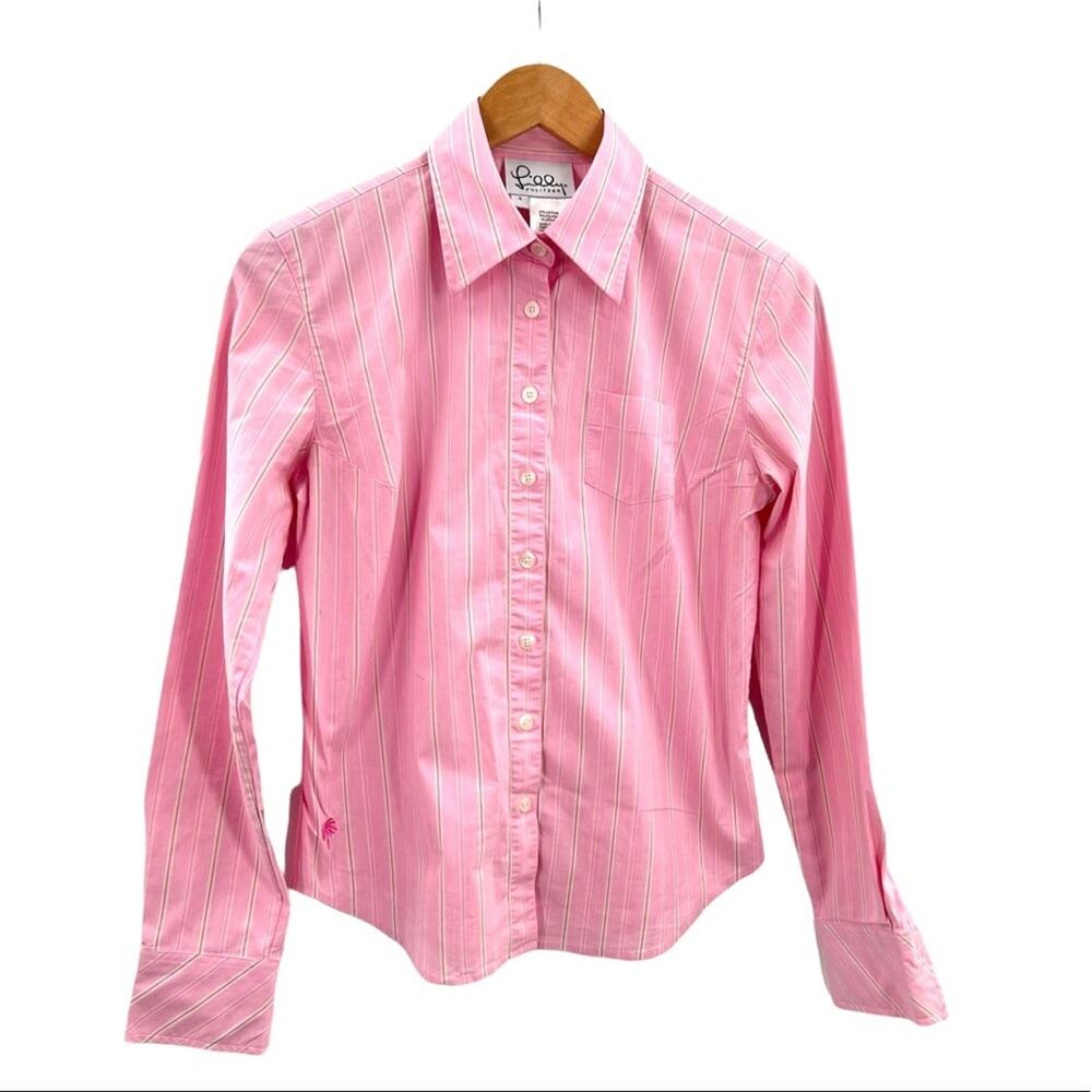 LILLY PULITZER Pink Striped Fitted Shirt Has Stretch Woman's Size 4 - Picture 1 of 15